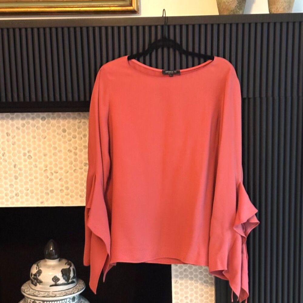 Lafayette 148 New York Emory 100% Silk Ruffle Sleeve Blouse Coral Pink Large